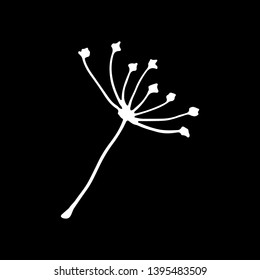 Cute cartoon hand drawn dandelion seed symbol. Sweet vector black and white dandelion seed symbol. Isolated monochrome doodle dandelion seed symbol on black background.
