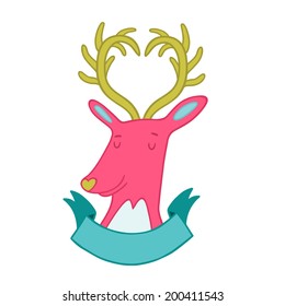 Cute cartoon hand drawn deer illustration with ribbon