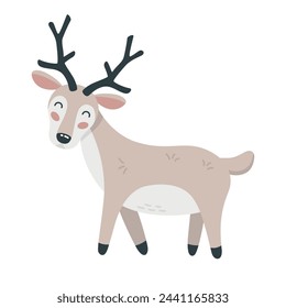 Cute cartoon hand drawn deer on isolated white background. Character of the polar, tundra, forest animals for the logo, mascot, design.