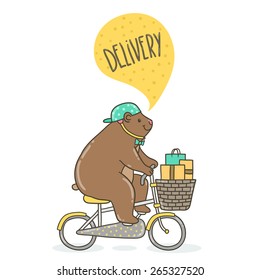 Cute cartoon hand drawn delivery illustration - funny fat bear on the bicycle with cartons. Vector image for your on-line shop.