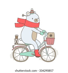 Cute cartoon hand drawn delivery illustration - funny white bear on the bicycle with craft package and coffee cup. Vector image for your on-line shop, t-shirt design or postcard.