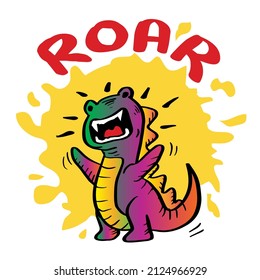 Cute cartoon hand drawn Dinosaur with lettering  roar