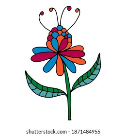 Cute cartoon hand drawn doodle fantasy flower isolated on white background. Floral element. 