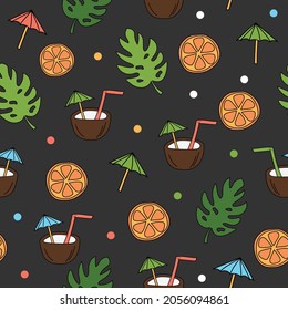 Cute cartoon hand drawn doodle style coconut cocktail drink - tropical print. Vector seamless pattern on black back ground