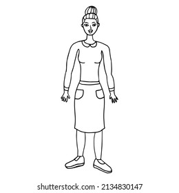 Cute cartoon hand drawn doodle business woman standing.  Office worker.