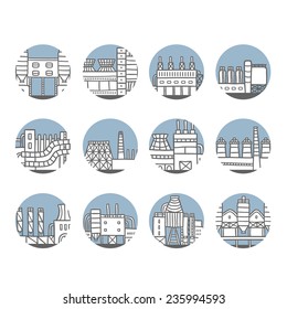 Cute cartoon hand drawn doodle factory set - ironworks,engineering plant, brickworks, glassworks, steelworks..