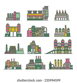 Cute cartoon hand drawn doodle factory set - ironworks,engineering plant, brickworks, glassworks, steelworks..