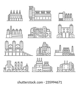 Cute cartoon hand drawn doodle factory set - ironworks,engineering plant, brickworks, glassworks, steelworks..