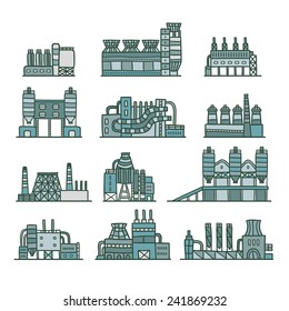 Cute cartoon hand drawn doodle factory set - ironworks,engineering plant, brickwork, glasswork, steelwork.. 