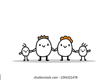 Cute cartoon hand drawn family. Mother father kids baby. Vector illustration minimalism. Four people