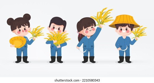 Cute cartoon hand drawn farmer character set. Group of Farmer harvest rice by hand.