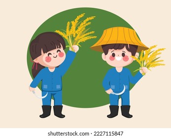 Cute cartoon hand drawn farmer character. Farmer harvest rice by hand.