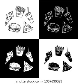 Cute cartoon hand drawn fast food illustration set for web sites and apps. Sweet vector black and white fast food illustration set. Isolated monochrome doodle fast food illustration set.