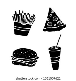 Cute cartoon hand drawn fast food silhouette set for web sites and apps. Sweet vector black and white fast food silhouette set. Isolated monochrome doodle fast food silhouette set.