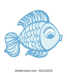 Cute cartoon hand drawn fish illustration. Blue colors