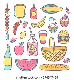 cute cartoon hand drawn food image. Bread, ketchup, bbq, banana, watermelon, burger, lemonade, coffee, apple...