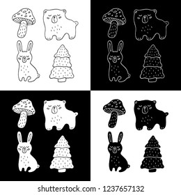 Cute cartoon hand drawn forest objects illustration set. Sweet vector black and white forest objects illustration set. Isolated monochrome forest objects illustration set.