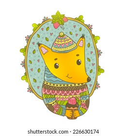 cute cartoon hand drawn fox dog in knit sweater, hat, with strawberry cupcake. Vector image for your t-shirt
