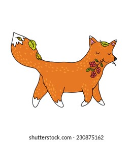 cute cartoon hand drawn fox with berry branch