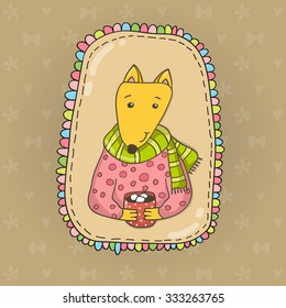 cute cartoon hand drawn fox in sweater and scarf with a cup of cocoa