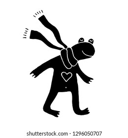 Cute cartoon hand drawn frog in love graphic. Sweet vector black and white frog in love graphic. Isolated monochrome doodle frog in love graphic on white background.
