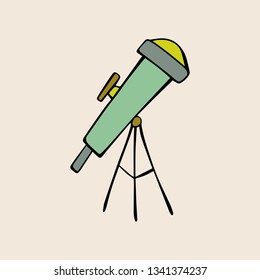 Cute cartoon hand drawn green, yellow telescope. Art poster design. Vector doodle illustration isolated on grey background. Cosmos, galaxy, universe, astronomy concept