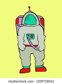 Cute cartoon hand drawn grey red, turquoise spaceship suit. Art poster design. Vector illustration of astronaut, spaceman isolated on yellow background. Cosmos, galaxy, universe, science concept