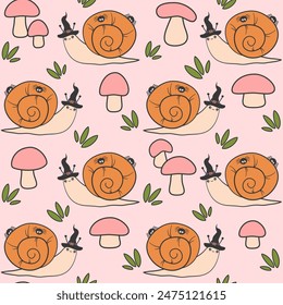 Cute cartoon hand drawn halloween seamless vector pattern illustration with snail with witch hat and black spider, mushroom and leaves on pink background