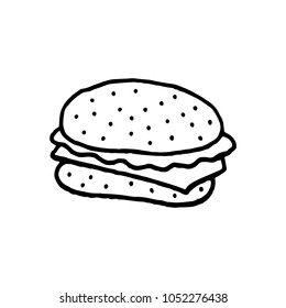 Cute cartoon hand drawn hamburger illustration. Sweet vector black and white hamburger illustration. Isolated monochrome doodle hamburger illustration on white background.