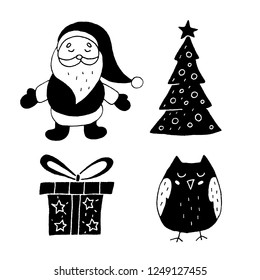 Cute cartoon hand drawn happy new year illustration set. Sweet vector black and white happy new year illustration set. Isolated monochrome happy new year illustration set.