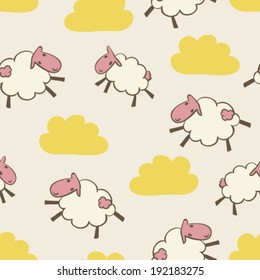 cute cartoon hand drawn happy sheep in clouds seamless pattern, childish background