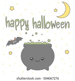 cute cartoon hand drawn happy halloween lettering background card with cauldron and bat