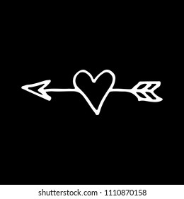 Cute cartoon hand drawn heart drawing. Sweet vector black and white heart drawing. Isolated monochrome doodle heart drawing on black background.