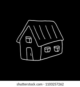 Cute cartoon hand drawn house drawing. Sweet vector black and white house drawing. Isolated monochrome doodle house drawing on black background.