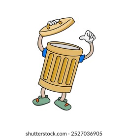 Cute cartoon hand drawn illustration of a big trash can with an open lid. trash. Isolated.
