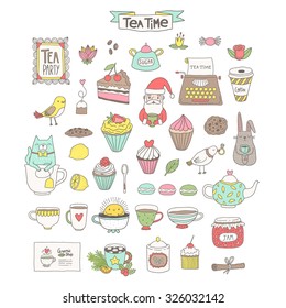 Cute Cartoon Hand Drawn Illustration. Cat In The Cup,little Bird,tea Bag,mugs,cupcake,macaroon And Muffin,Santa Claus,Christmas Objects. Doodle Vector Food And Animal Clip Art.