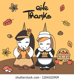 cute cartoon hand drawn lettering typography give thanks card with native indian american female unicorn and pilgrim thanksgiving vector illustration