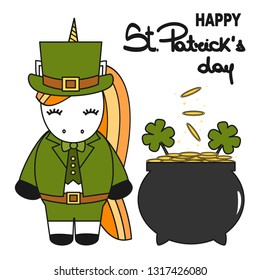 cute cartoon hand drawn lettering vector happy St Patrick's Day with unicorn leprechaun, shamrocks and pot of gold