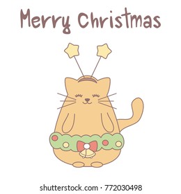 cute cartoon hand drawn lettering  merry christmas vector card with orange cat  