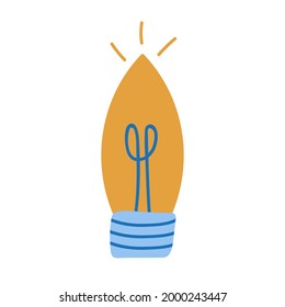 Cute cartoon hand drawn light bulb of the lamp. Business idea, successful brainstorm, creating ideas for the projects, brilliant thoughts in the mind. Vector illustration isolated on the background.