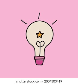 Cute cartoon hand drawn light bulb of the lamp. Business idea, successful brainstorm, creating ideas for the projects, brilliant thoughts in the mind. Vector illustration isolated on the background.