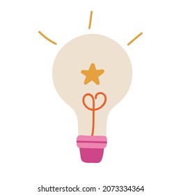 Cute cartoon hand drawn light bulb of the lamp. Business idea, successful brainstorm, creating ideas for the projects, brilliant thoughts in the mind. Vector illustration isolated on the background.