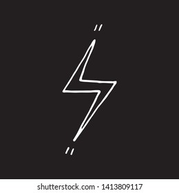 Cute cartoon hand drawn lightning symbol. Sweet vector black and white lightning symbol. Isolated monochrome doodle lightning symbol on black background.