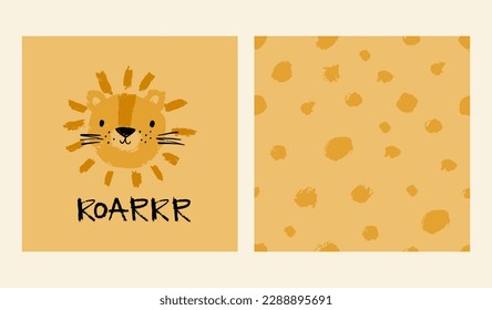 Cute cartoon hand drawn lion - vector illustration for kids. Seamless pattern