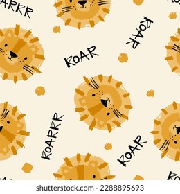 Cute cartoon hand drawn lion - vector illustration for kids. Seamless pattern