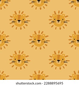 Cute cartoon hand drawn lion - vector illustration for kids. Seamless pattern