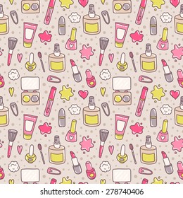 Cute cartoon hand drawn makeup seamless pattern. Cosmetics vector image