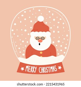 cute cartoon hand drawn merry christmas vector card with snow globe with santa claus