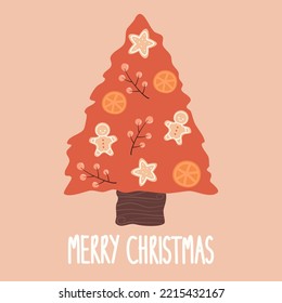 linda caricatura dibujada a mano alegre navidad tarjeta vector con árbol de navidad rojo