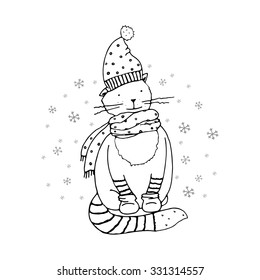 Cute cartoon hand drawn Merry Christmas card with cat in knitted hat and scarf. Vector illustration.


